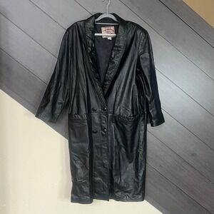 International Leather Women M Genuine Leather Longline Coat Button Black Vintage